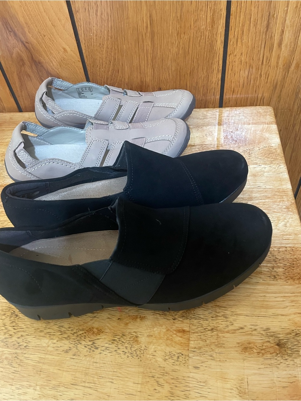 2 pairs of Clarks Black Slip-On Suede Comfort Loafers and hiking tan shoes